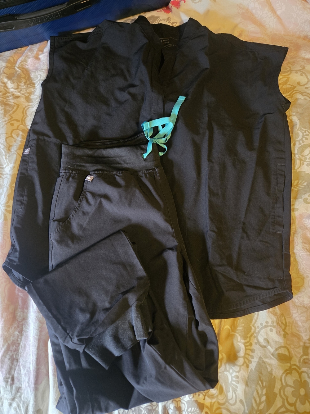 FIGS Black Women's Scrub with Teal Drawstring